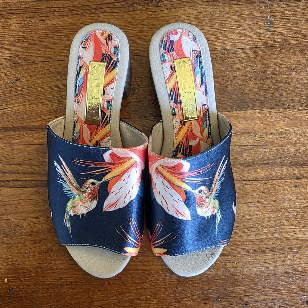 CHULA Moda Consciente mules Size 7.5 Navy Satin hummingbird floral print Mexico - Picture 6 of 7